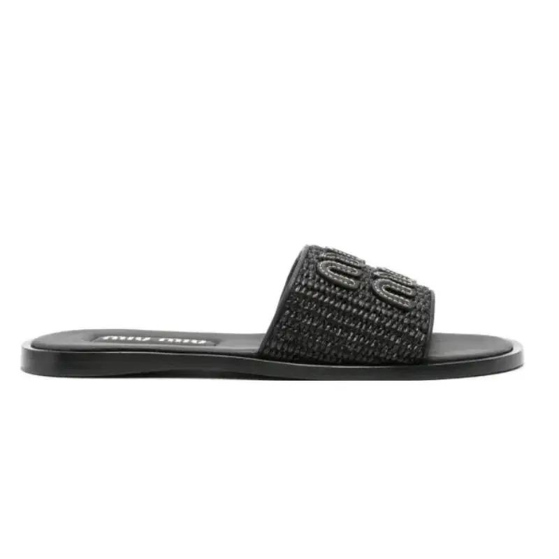 MIU MIU Raffia-effect woven fabric slides black  (36)